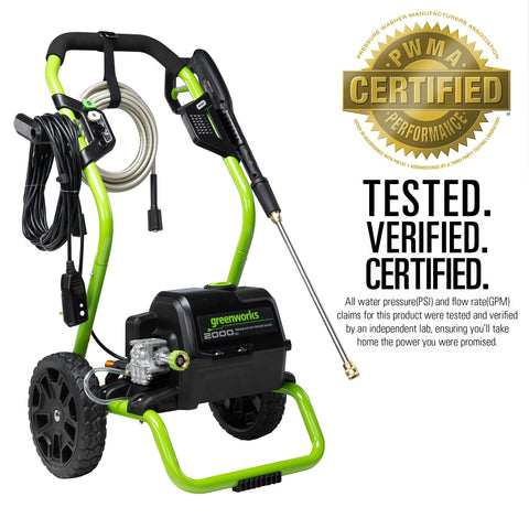 Greenworks hose connection shows extended reach for larger surfaces.