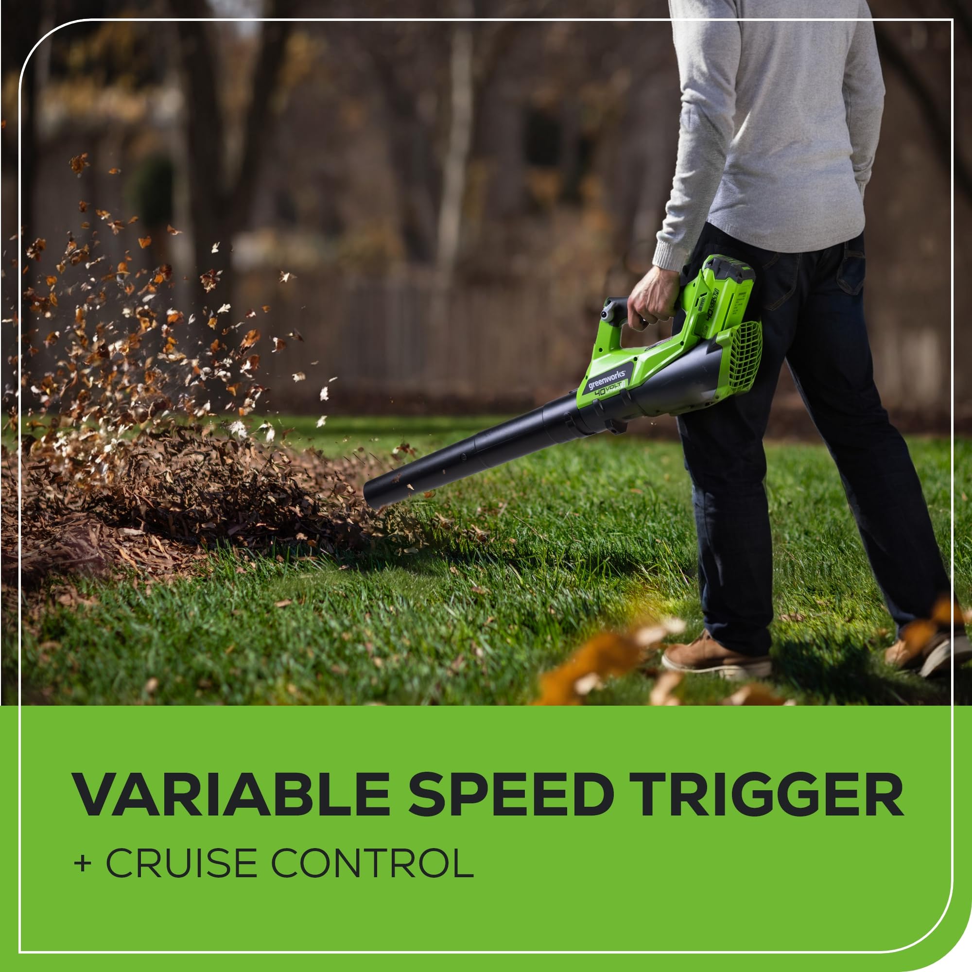 Greenworks 390CFM airflow lifts debris off concrete with ease
