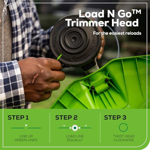 Greenworks Load N’ Go head allows fast line reloads for less downtime.