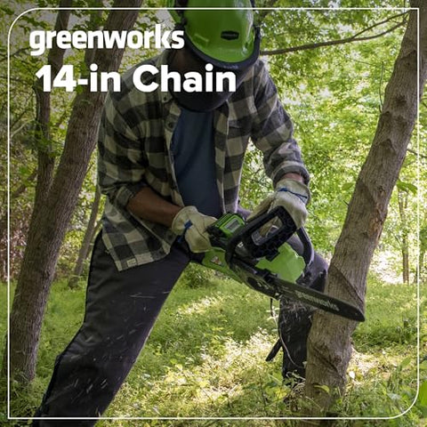 Close-up of Greenworks low-kickback chain design reducing fatigue during use.