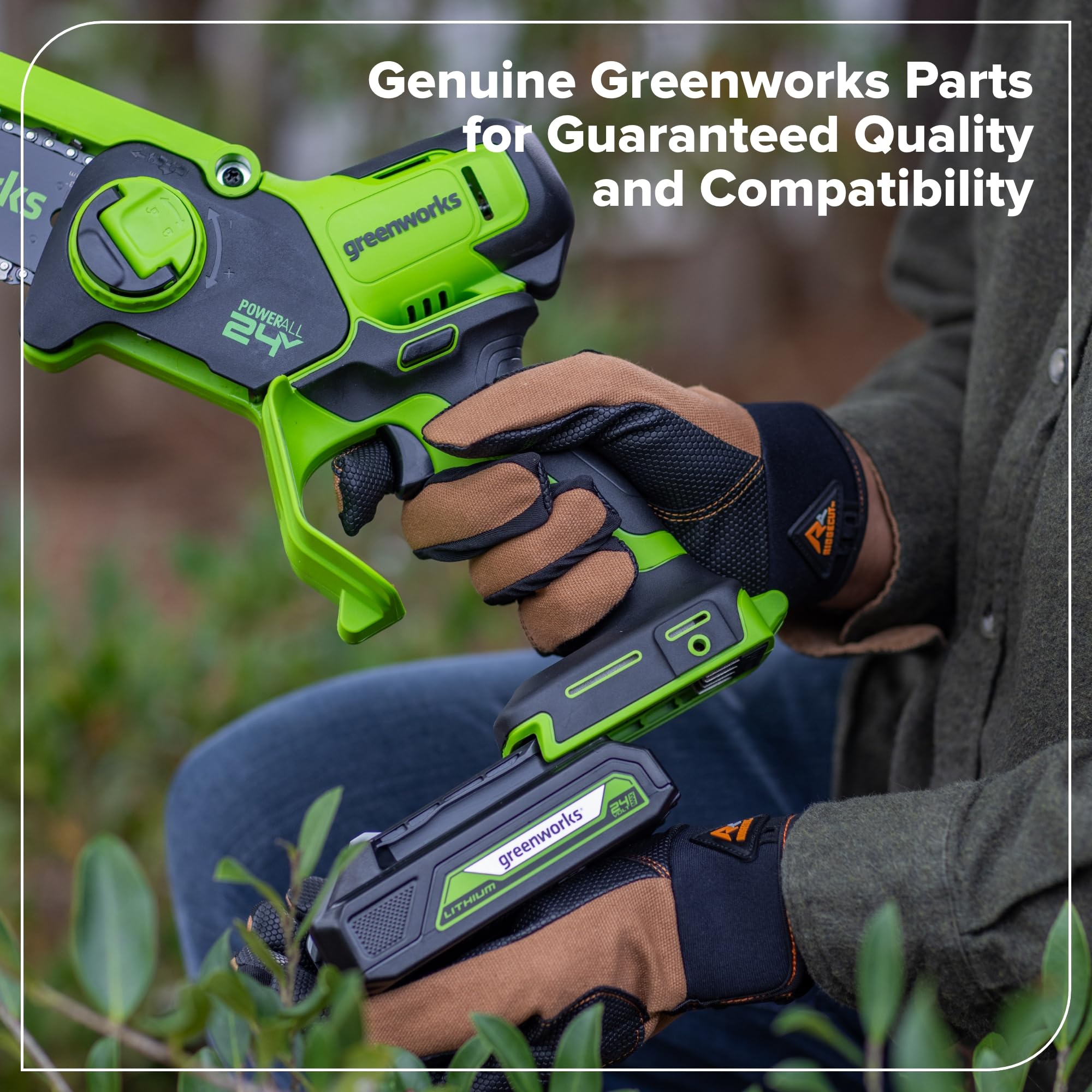 Greenworks low-kickback chain detail emphasizes reduced fatigue during long tasks.