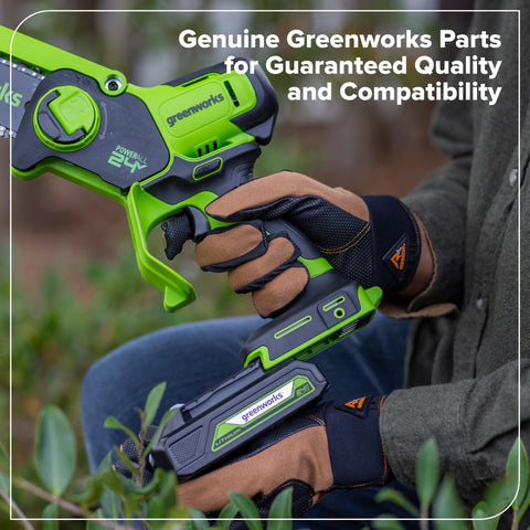 Greenworks low-kickback chain detail emphasizes reduced fatigue during long tasks.