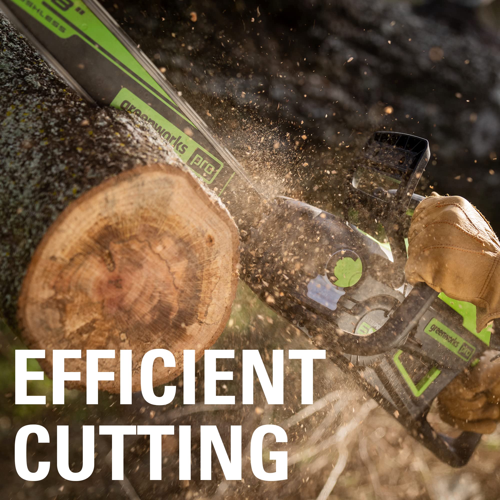 Greenworks low-kickback, low-vibration chain reduces user fatigue.