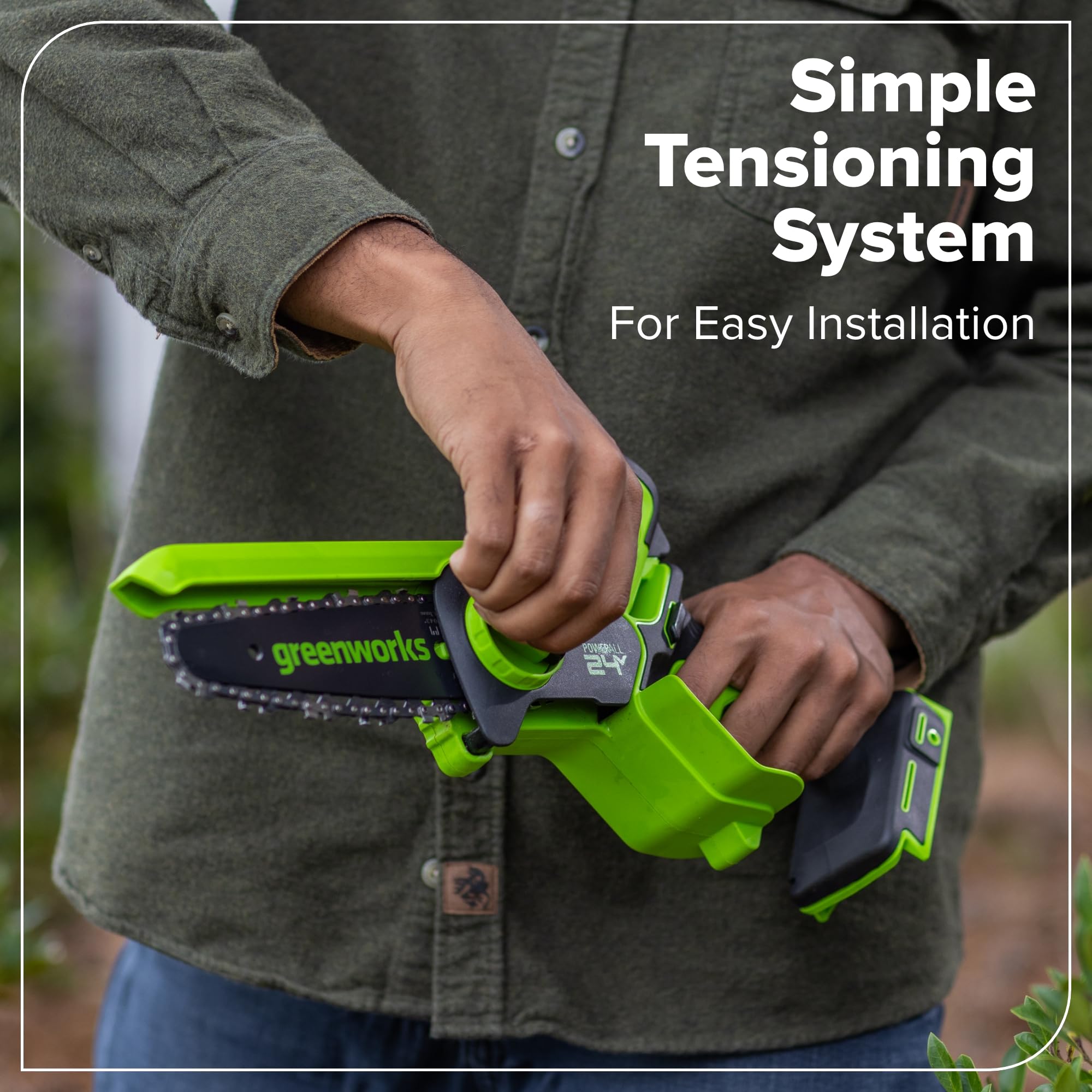 Greenworks low-vibration chain detail helps minimize user strain.