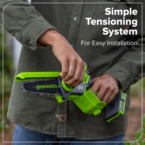 Greenworks low-vibration chain detail helps minimize user strain.