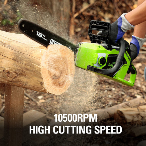Greenworks mechanical chain brake enhances safety during cutting tasks.