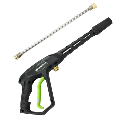 Greenworks metal spray gun front view with compatibility up to 2300 PSI for versatile cleaning