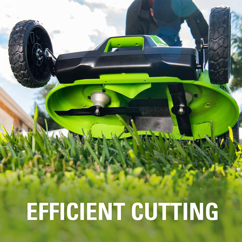 Greenworks mowing efficiency in action with sharp, efficient blade