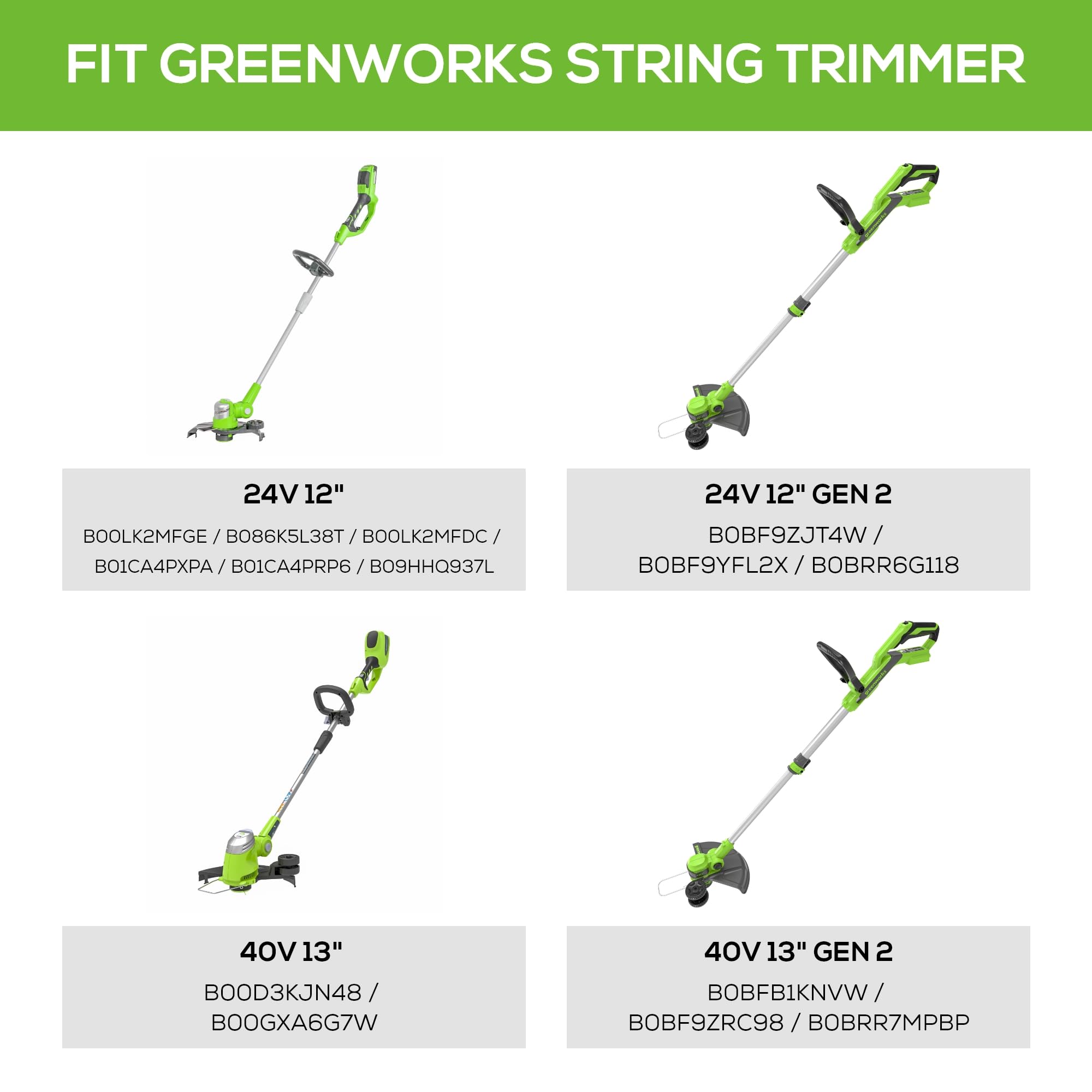 Greenworks packaging contents: six spools and one replacement cover.
