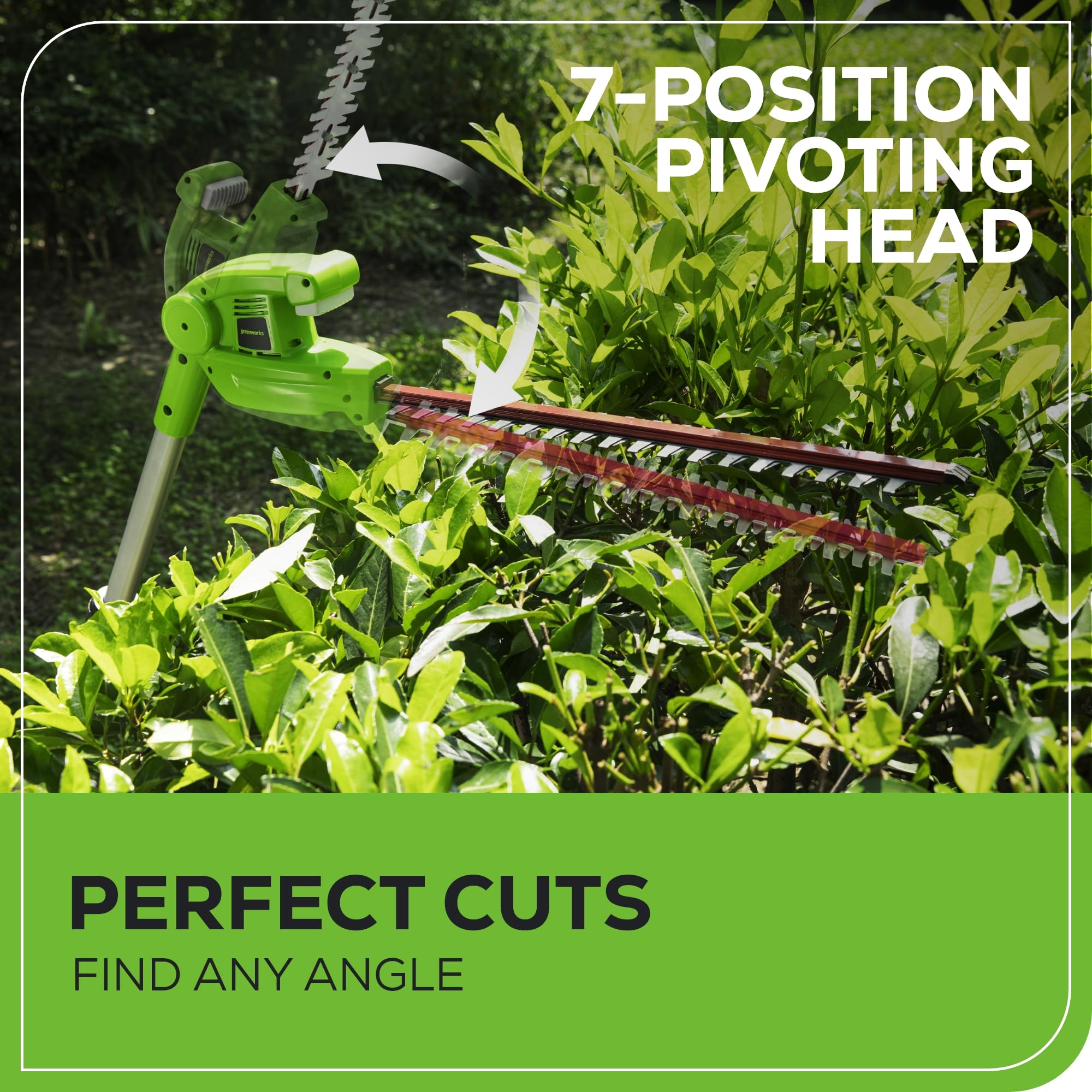 Greenworks hedge trimmer pivoting head demonstrates flexible trimming angles.