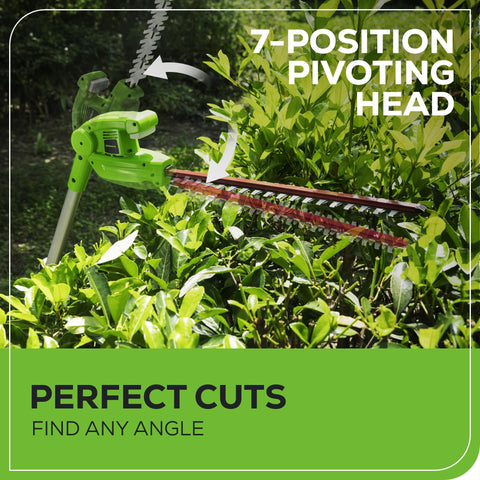 Greenworks hedge trimmer pivoting head demonstrates flexible trimming angles.