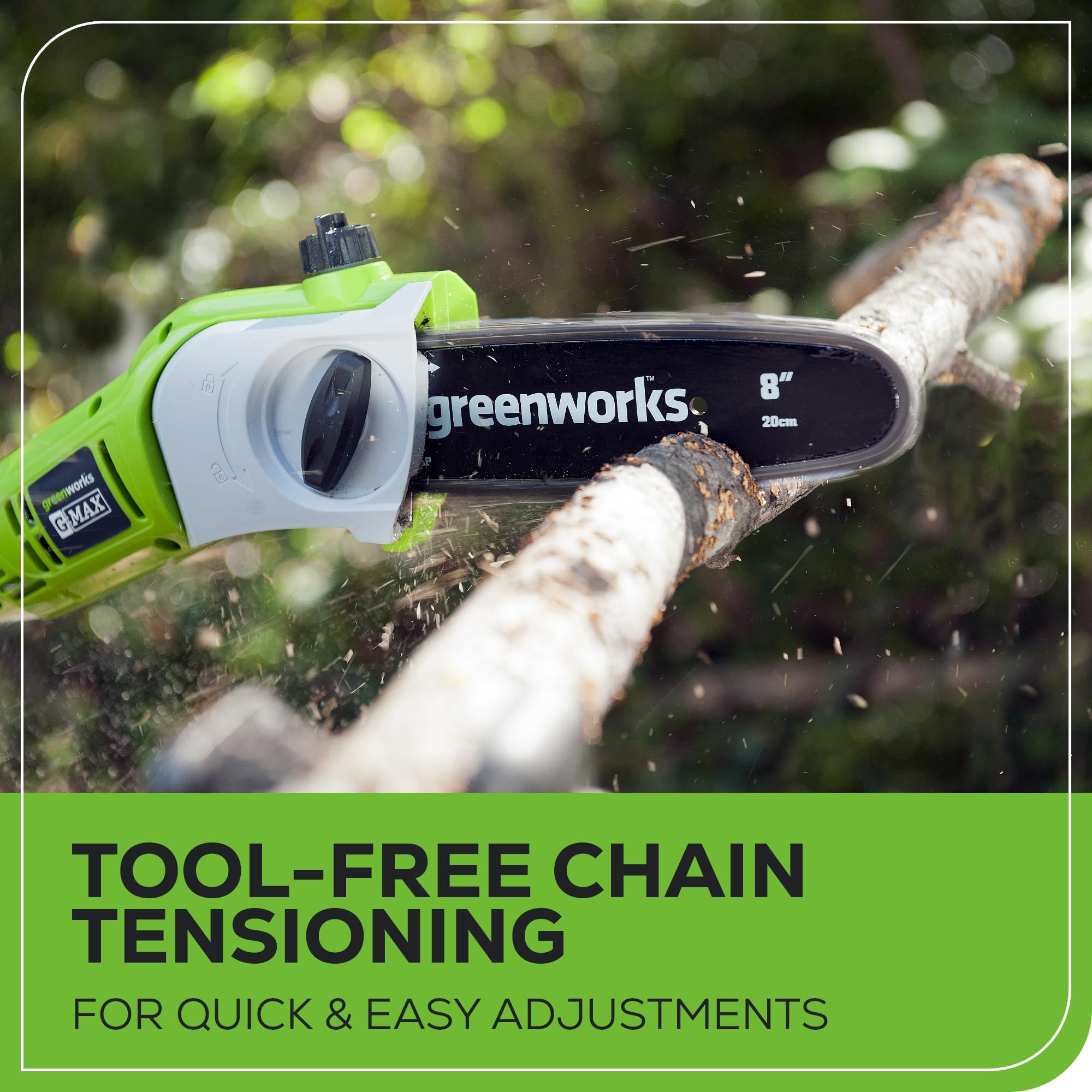 Greenworks pivoting 7-position head enables angled cuts on the pole saw