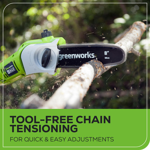 Greenworks pivoting 7-position head enables angled cuts on the pole saw