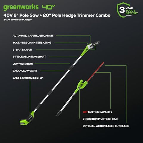 Greenworks pole hedge trimmer with 20-inch blade for tall hedge trimming