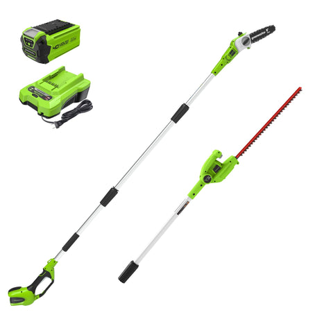Greenworks pole saw with 8-inch bar for easy branch trimming