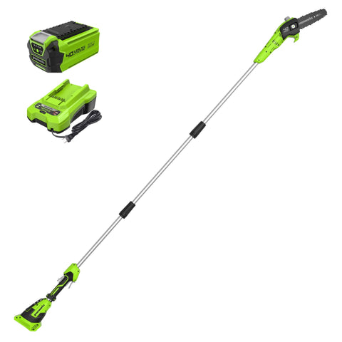 Greenworks PS40B210 polesaw with 8-inch bar and chain for precise trimming.