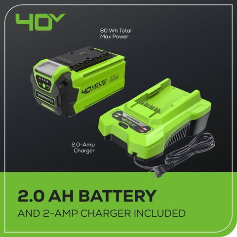 Greenworks charger included for fast, convenient recharging on site.
