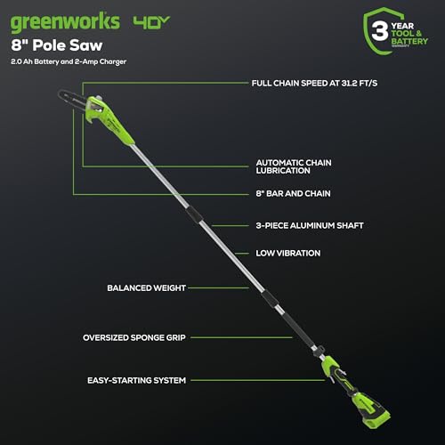 Greenworks polesaw easy-adjust knob enabling quick chain tensioning.