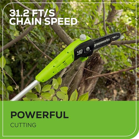 Greenworks extendable shaft reaching up to 9 ft for high pruning.