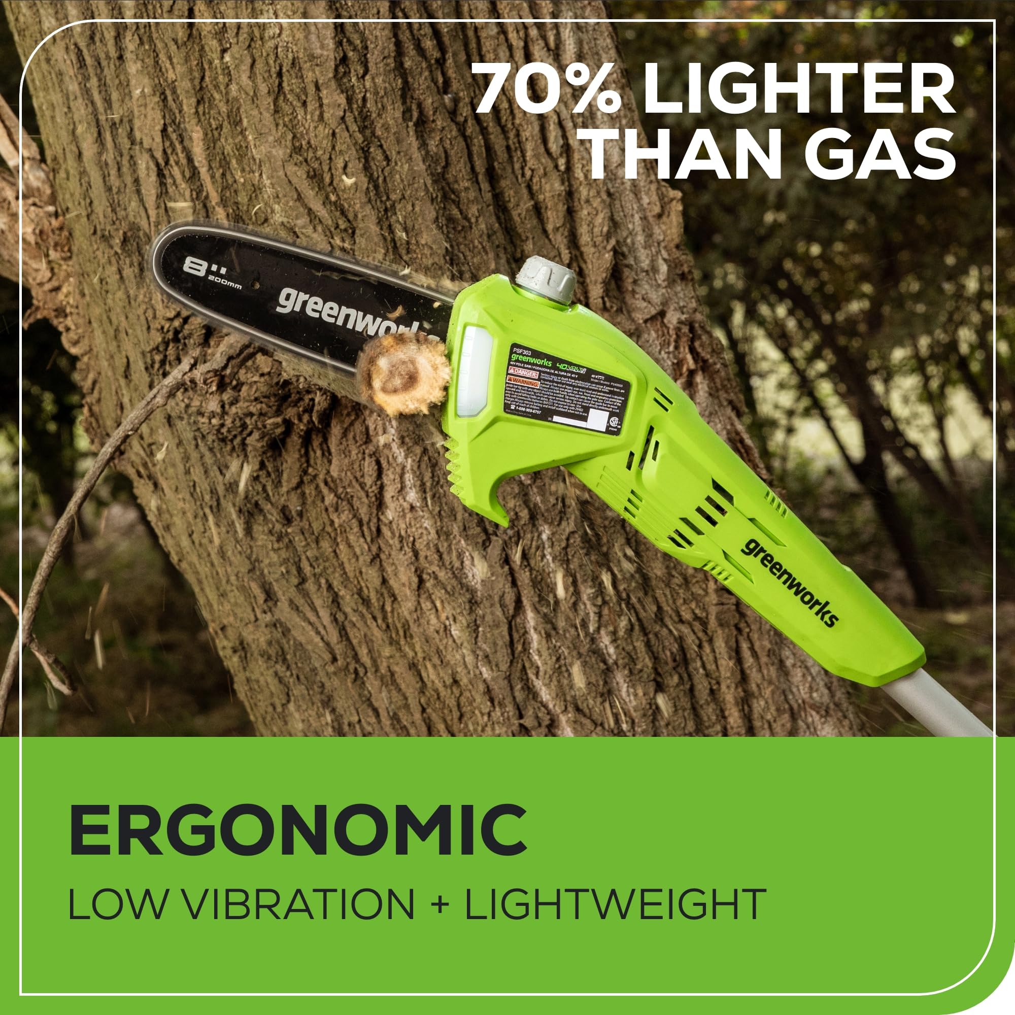 Greenworks maintenance-free design with no gas or emissions for cleaner use.