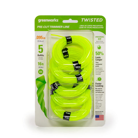 Greenworks pre-cut trimmer line 0.095 inch coils for quick loading and longer life.