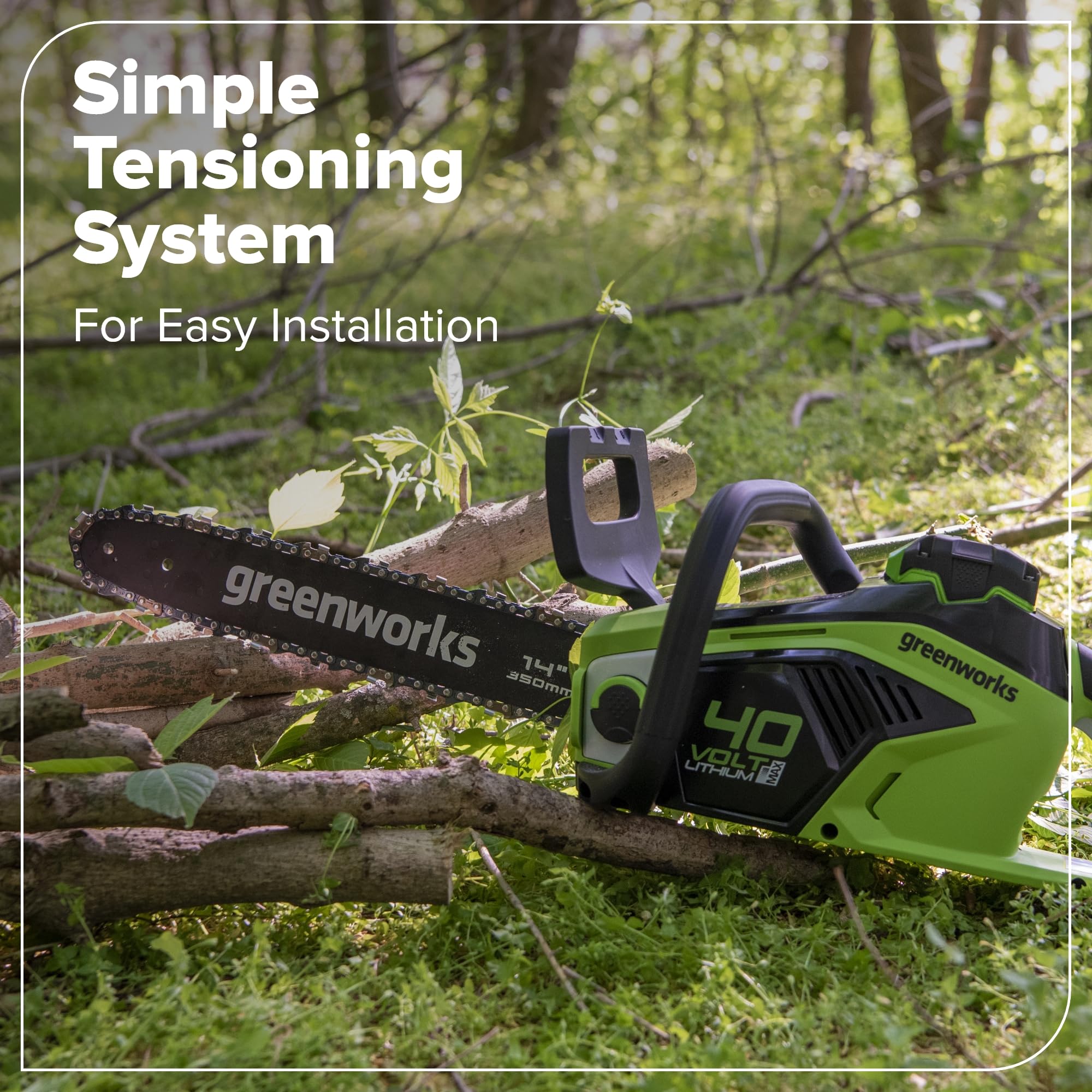 Precise cutting with Greenworks 14-inch chain for clean results.
