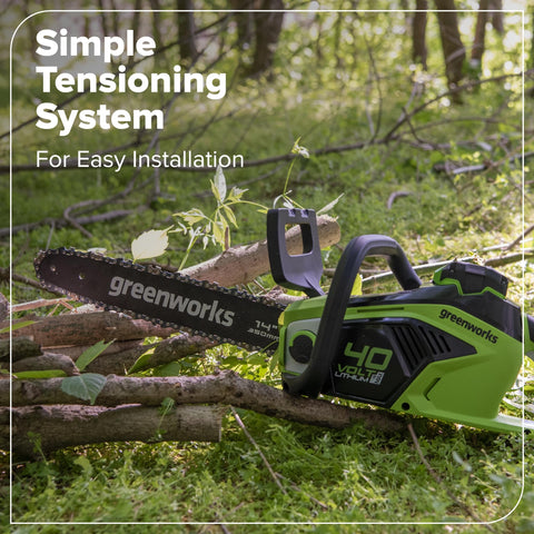 Precise cutting with Greenworks 14-inch chain for clean results.