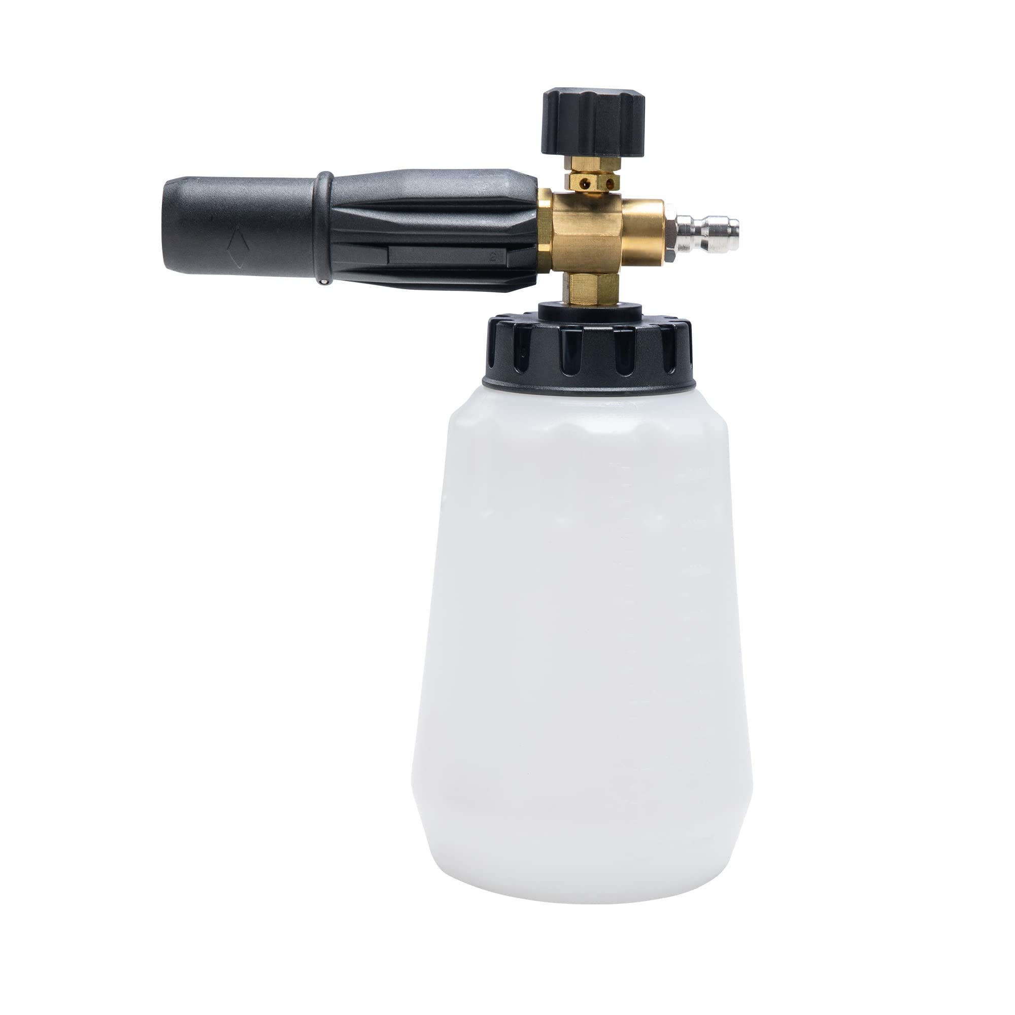 Greenworks Premium Foam Cannon angled spray provides precise foam for vehicle washing.