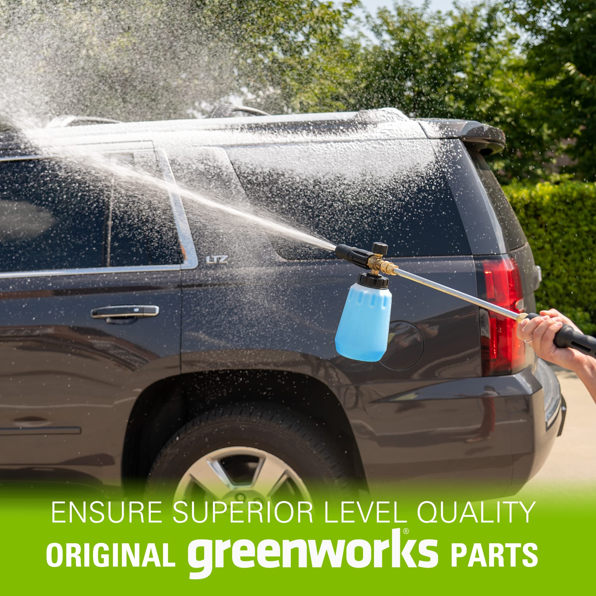 Greenworks Premium Foam Cannon quick-release fitting ensures fast setup.
