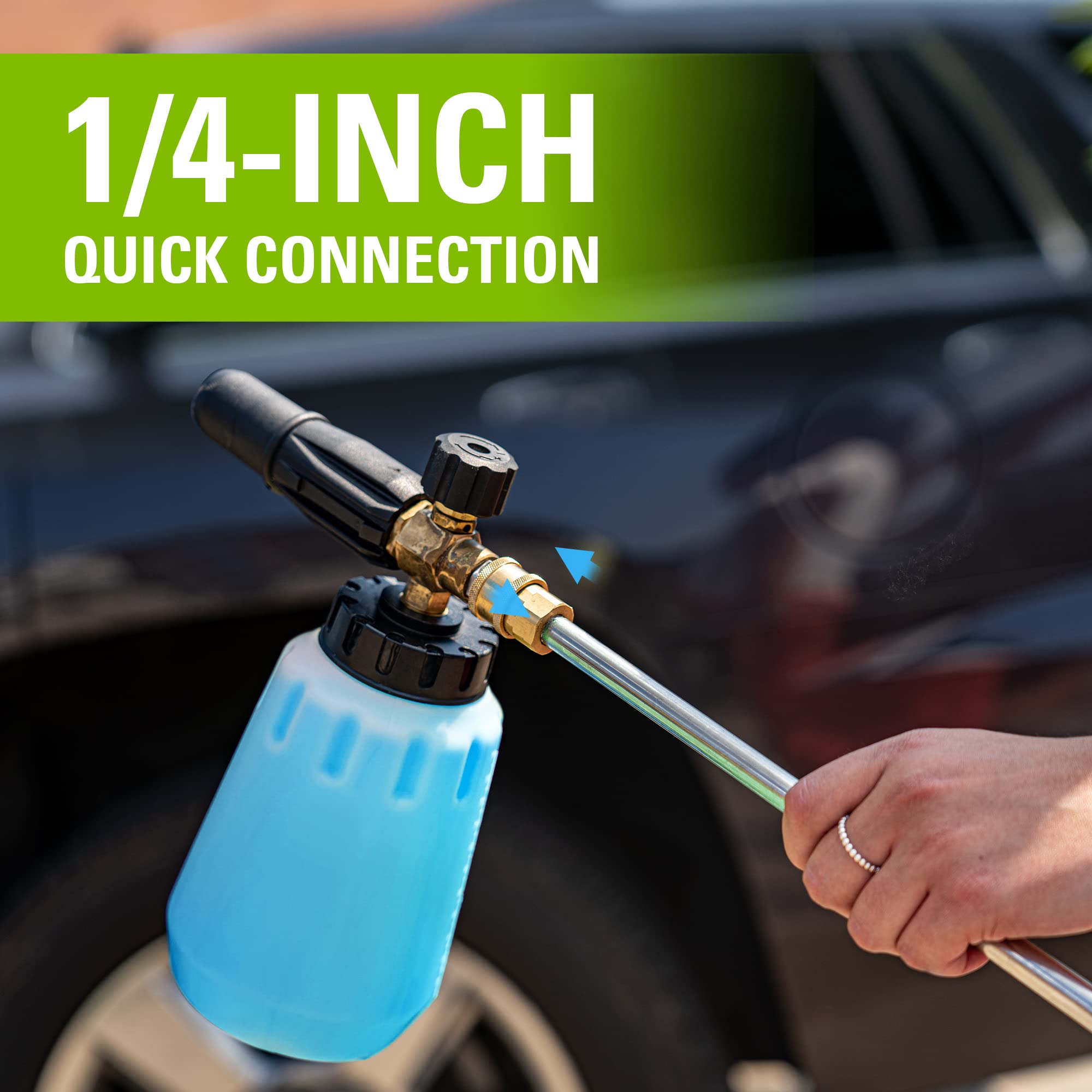 Greenworks Premium Foam Cannon wide-mouth opening makes filling quick and mess-free.
