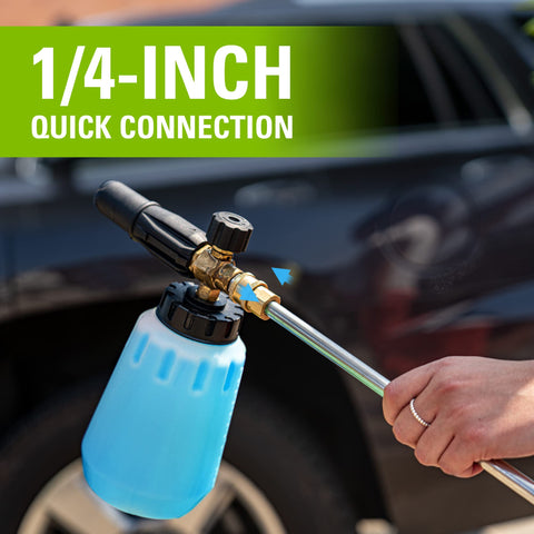 Greenworks Premium Foam Cannon wide-mouth opening makes filling quick and mess-free.