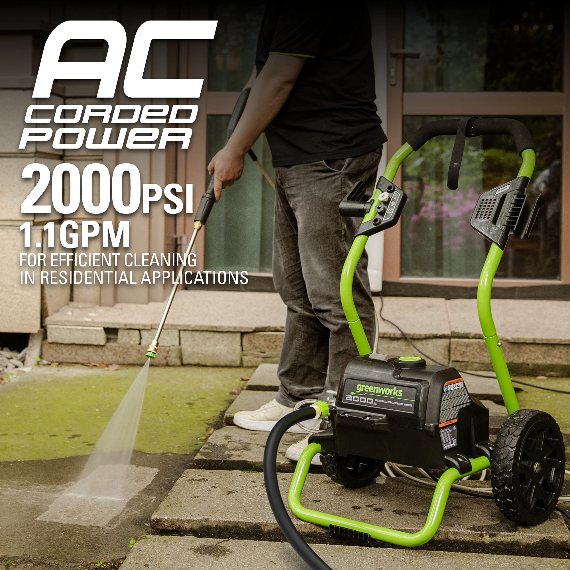 Greenworks 25 ft pressure hose for expanded cleaning range.