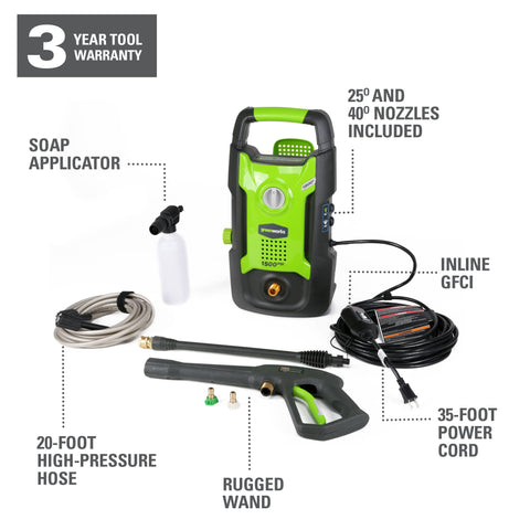 Greenworks 35 ft power cord with inline GFCI for outdoor use