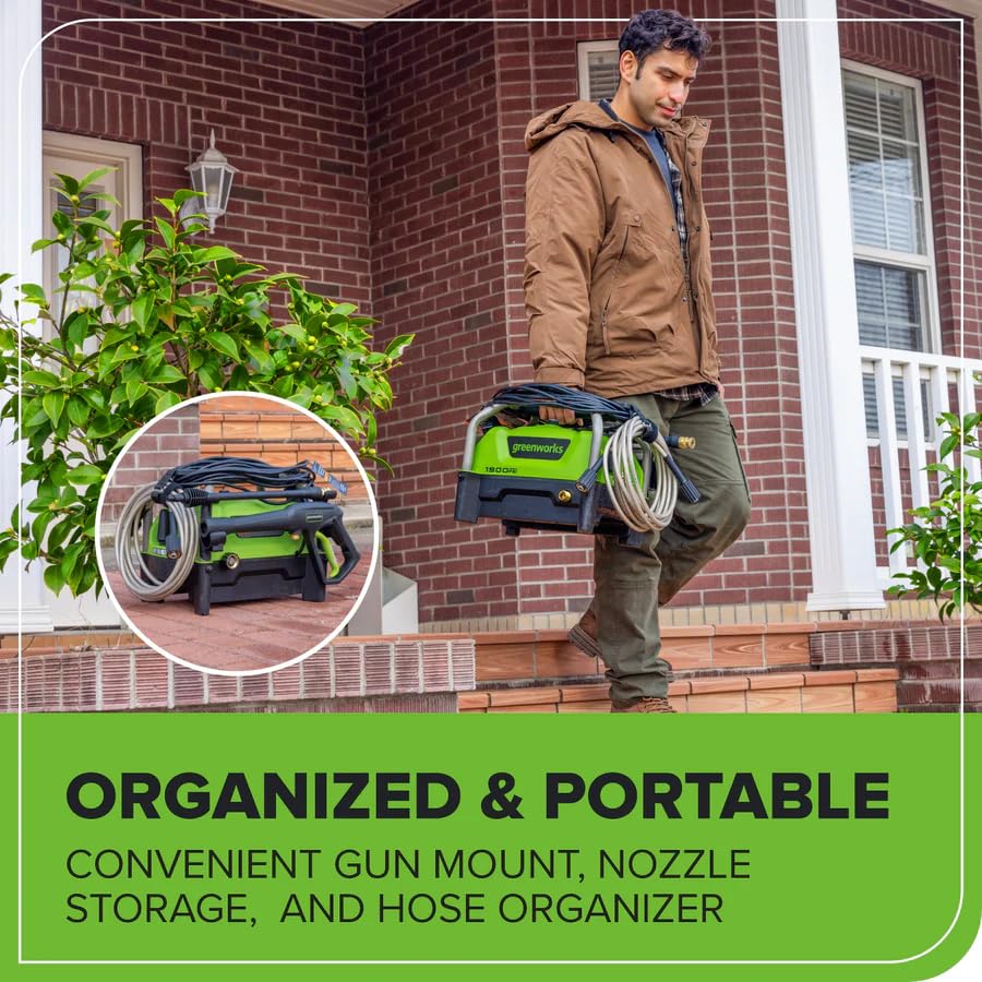 Greenworks ergonomic grip handle enables comfortable operation.