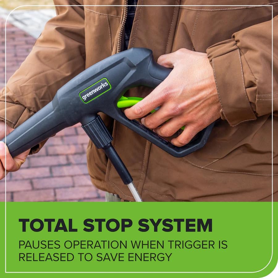 Greenworks quick-connect wand and assorted nozzles for versatile cleaning.