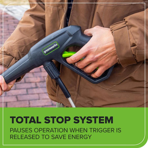Greenworks quick-connect wand and assorted nozzles for versatile cleaning.