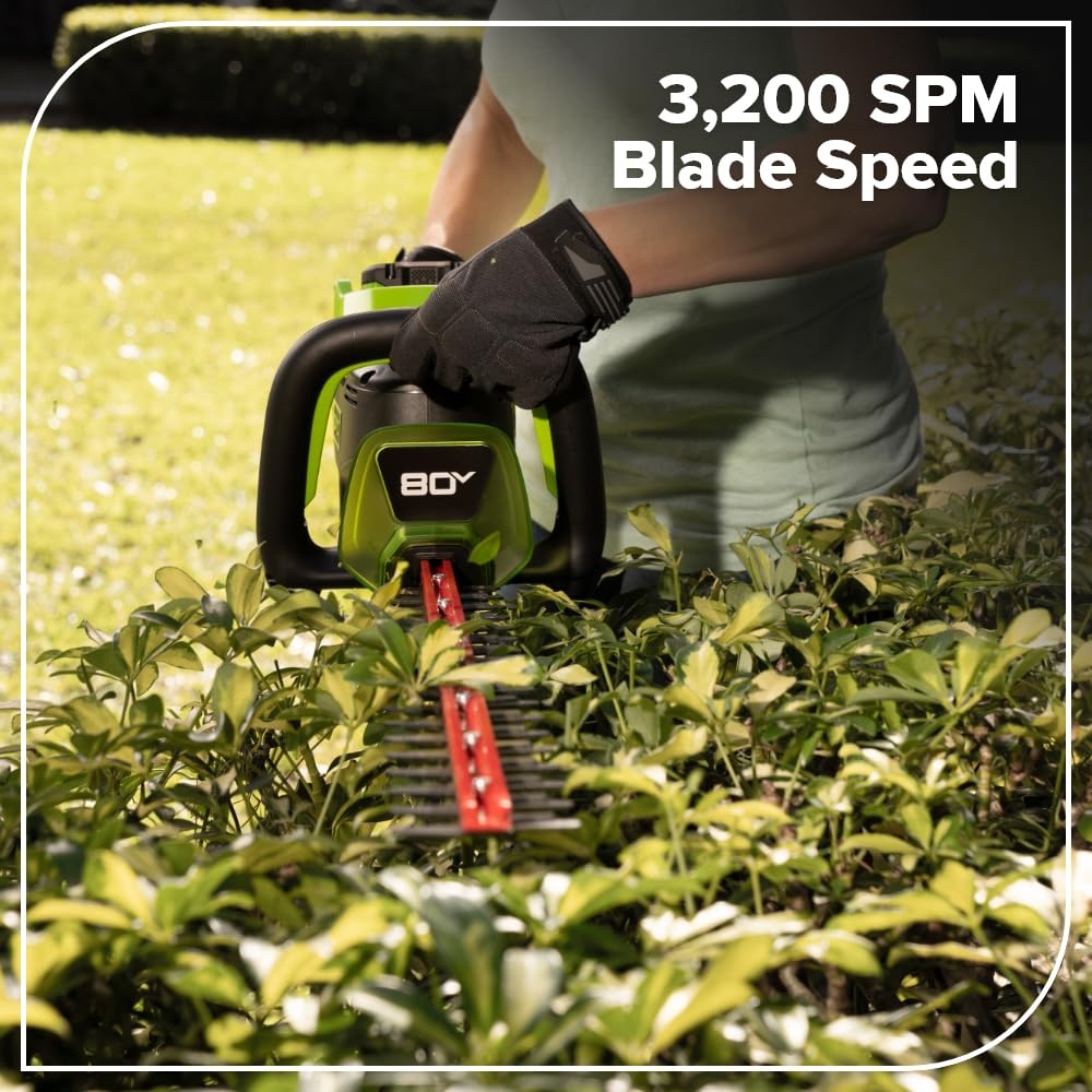 Greenworks PRO 80V hedge trimmer battery-in-use highlights 2Ah power.