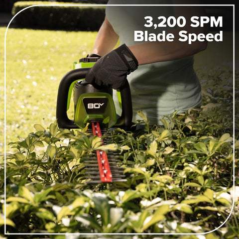 Greenworks PRO 80V hedge trimmer battery-in-use highlights 2Ah power.