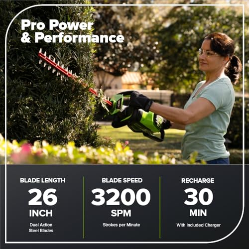 Greenworks PRO 80V hedge trimmer dual-action blades close-up for cleaner cuts.