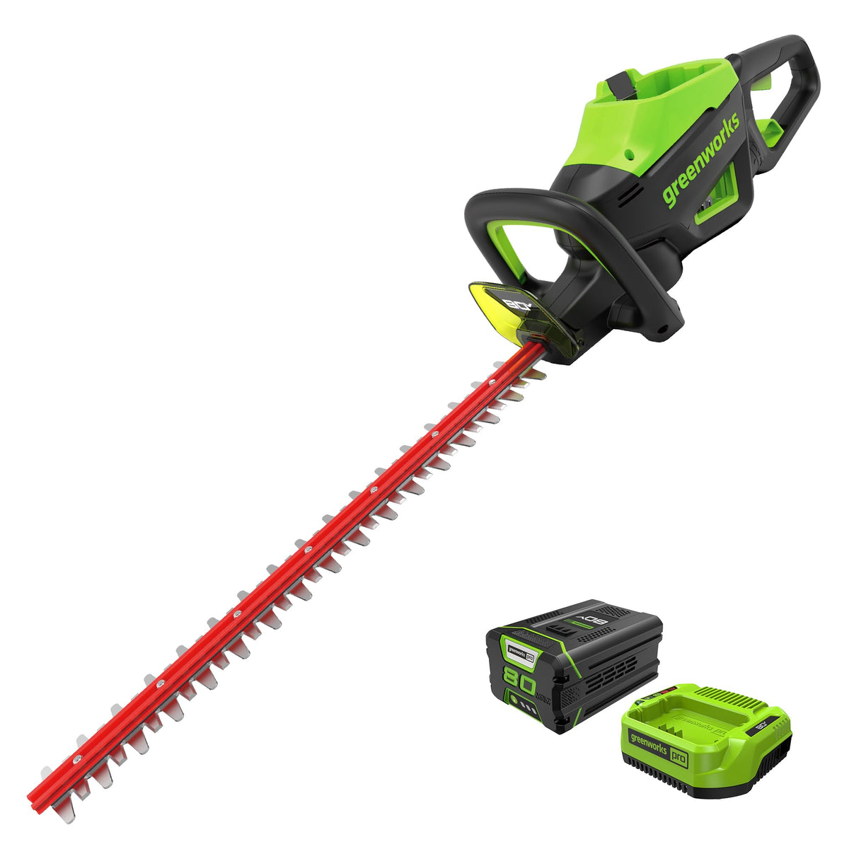 Greenworks PRO 80V hedge trimmer front view, cordless trimming ease.