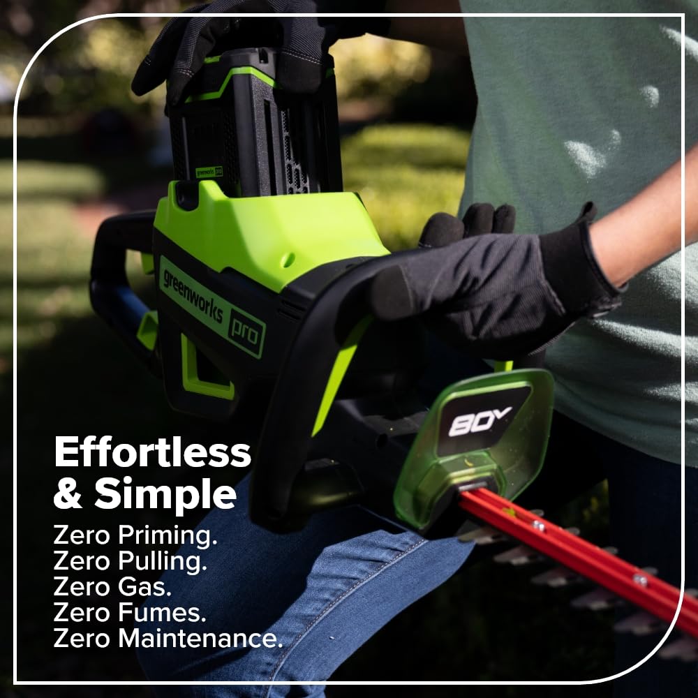Greenworks PRO 80V hedge trimmer in-action trimming hedges.