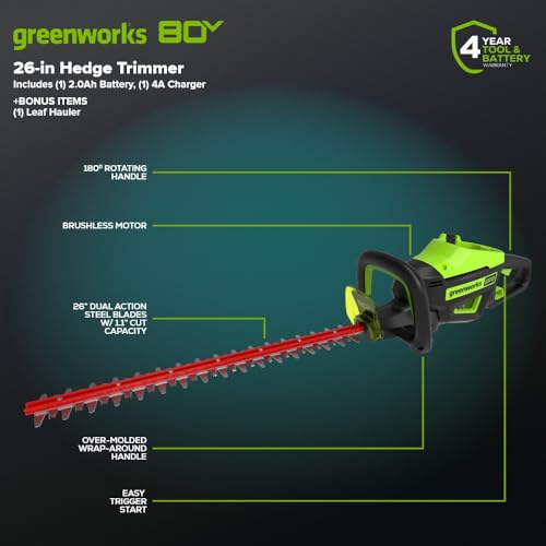 Greenworks PRO 80V hedge trimmer rotating-handle angle for versatile cuts.