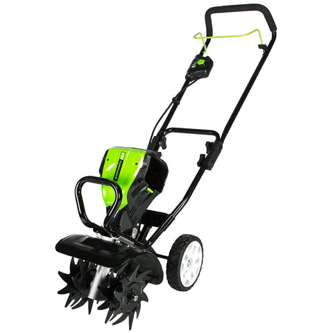 Greenworks Pro 80V tiller with a 10-inch tilling width for quick soil prep.