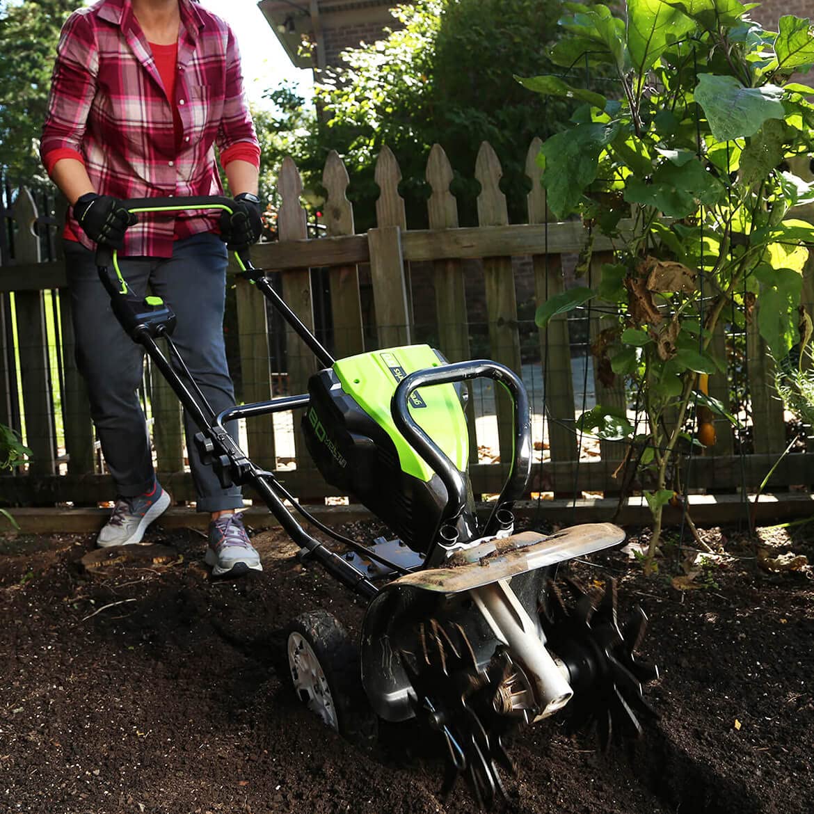Greenworks Pro 80V tiller side view highlighting compact cordless design.