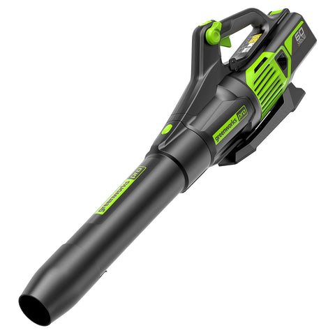 Greenworks Pro 60V blower front angle shows compact power for yard cleanup.