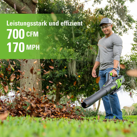 Greenworks Pro 60V blower turbo mode action highlights enhanced leaf loosening.