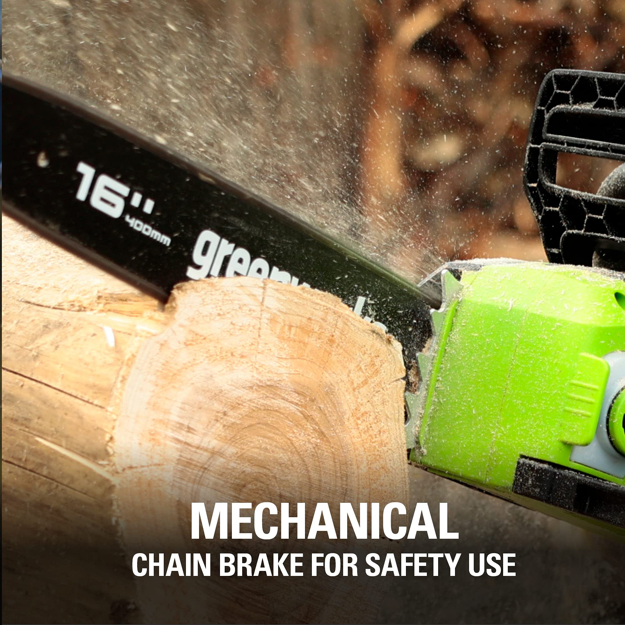 Greenworks 40V cordless chainsaw ensures quiet operation and reduced fumes.