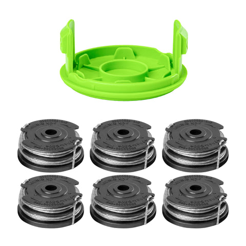 GreenWorks replacement trimmer spool in a 6-pack for easy lawn care.