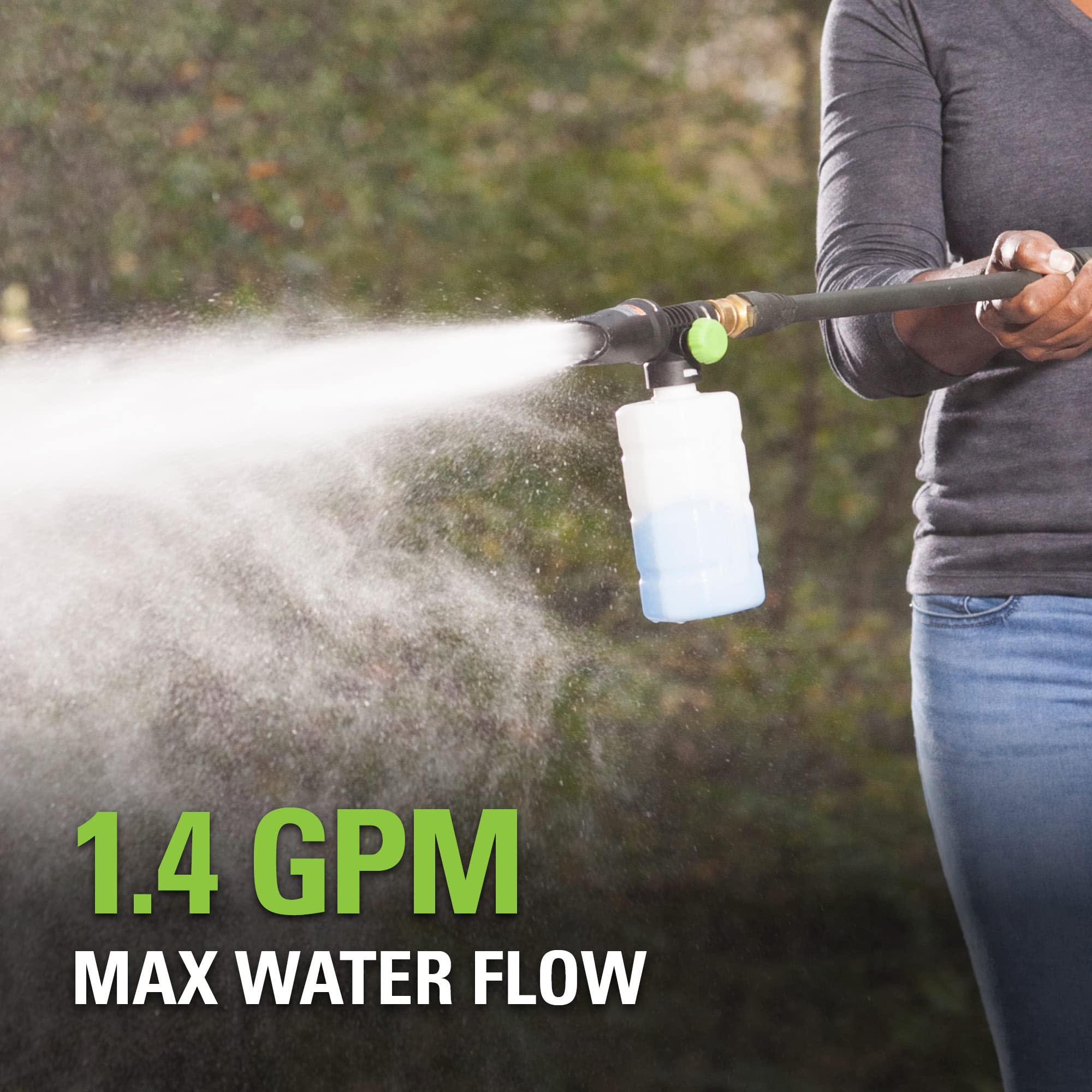 Greenworks soap applicator easy on-off dial illustrating simple control during tasks