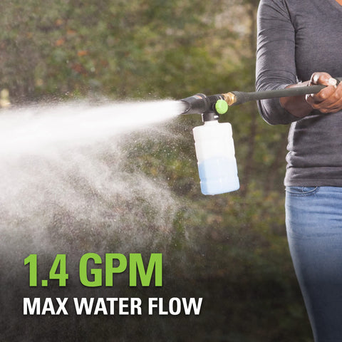 Greenworks soap applicator easy on-off dial illustrating simple control during tasks